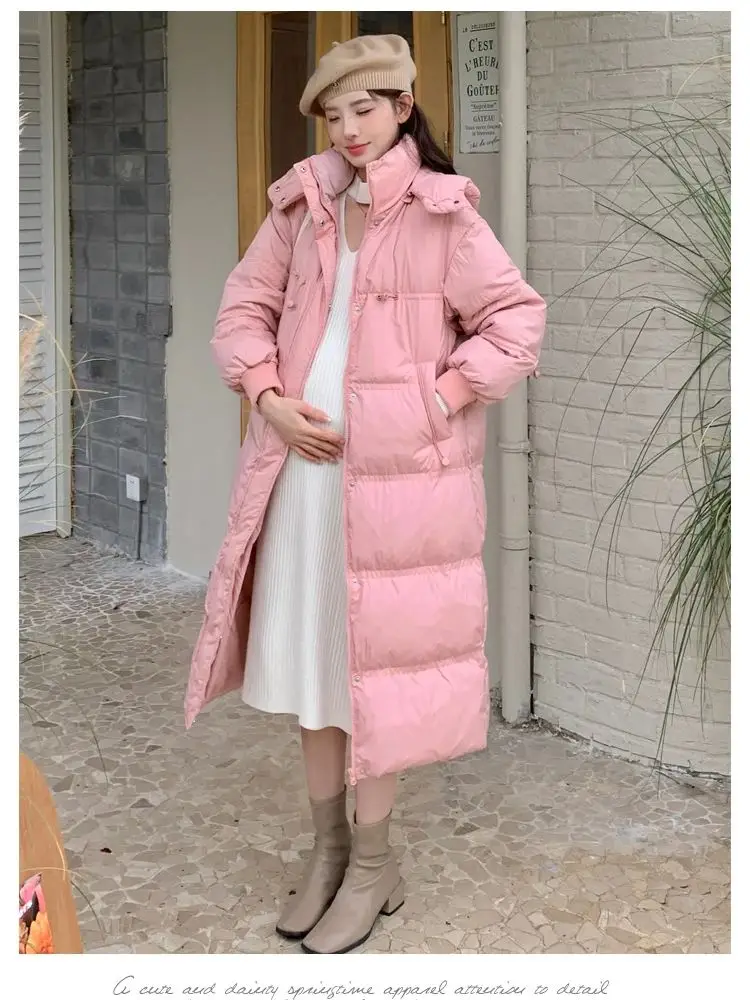 2024 Winter X-long Down Coats for Pregnant Woman Korean Style Loose Fashion Hooded Outerwear Zipper Fly Maternity Cotton Jackets