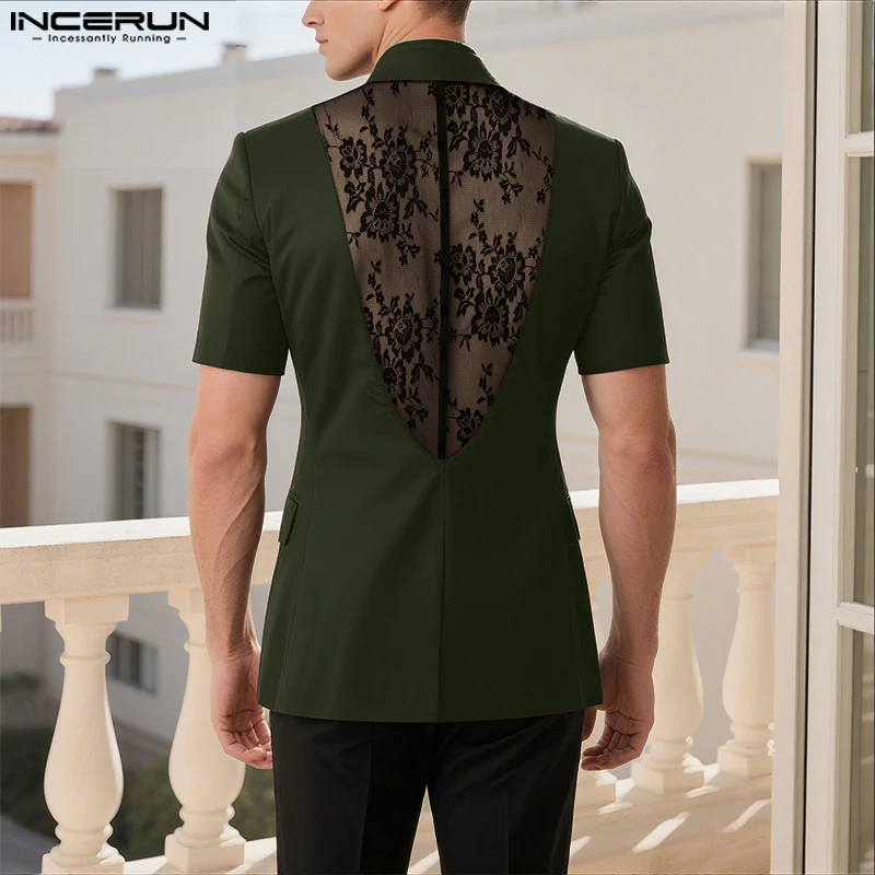 

INCERUN Men Blazer Lace Patchwork Lapel Short Sleeve Casual Suits Men Back See Through Streetwear Fashion Male Thin Coats S-5XL