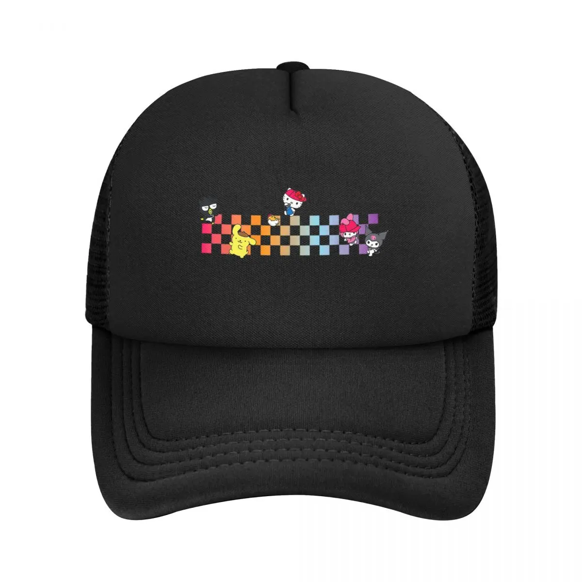 Adult Hello Sanrio Characters Checkerboard Trucker Hat Mesh Baseball Caps Snapback Caps Hats Trucker Hat Adjustable Sun Caps