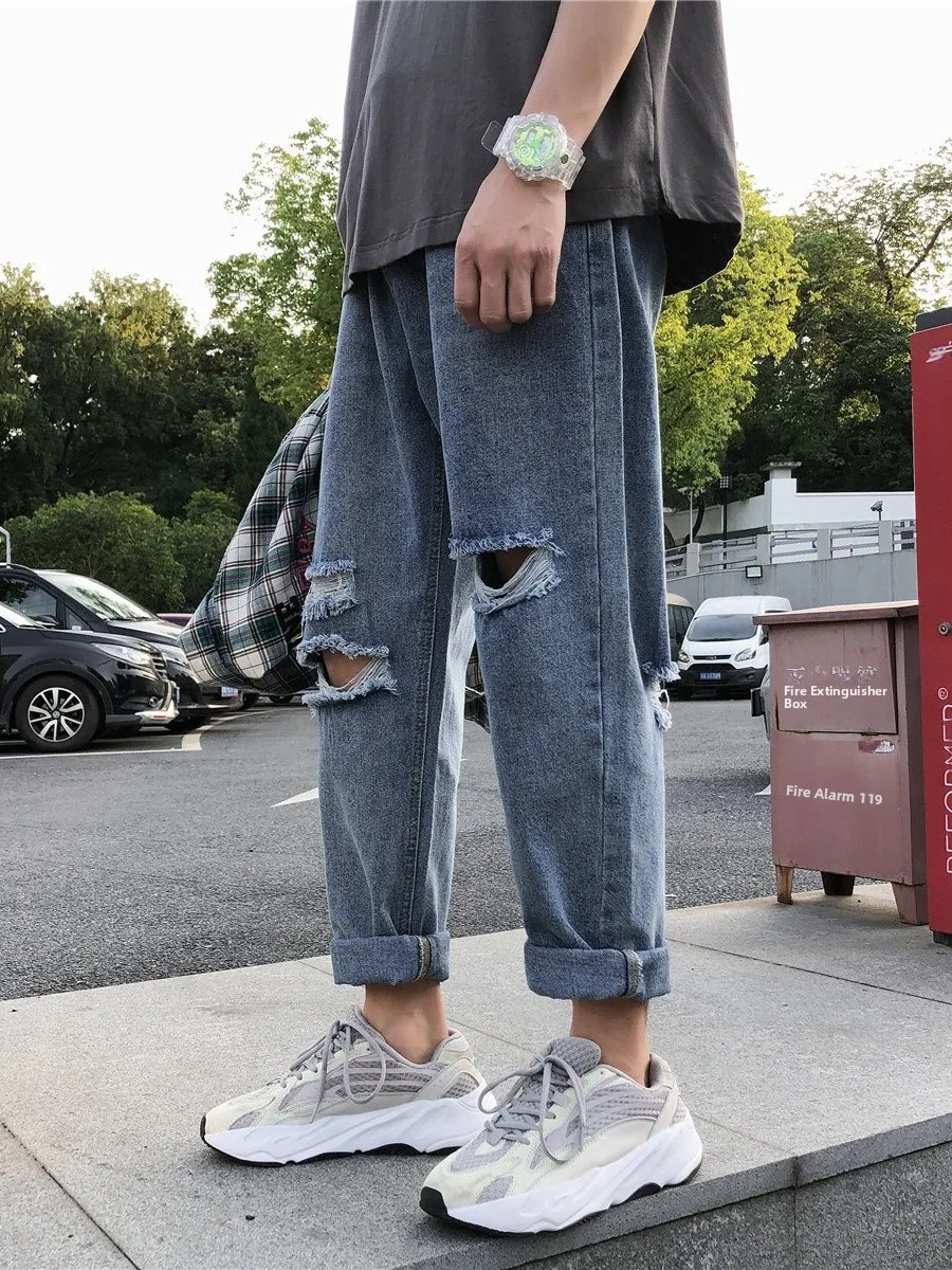 

Trendy Straight Leg Jeans for Boys Low Waist Nine Points Casual Summer Jeans Loose Fit Korean Sle Harem Pants with Hole