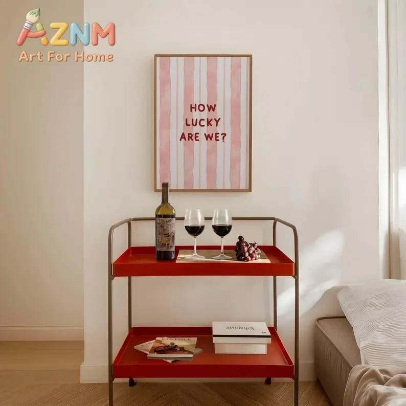 AZNM How Lucky Are We Canvas Poster Pink Striped Watercolor Text Art Print Minimalist Aesthetic Bedroom Living Room Wall Decor U
