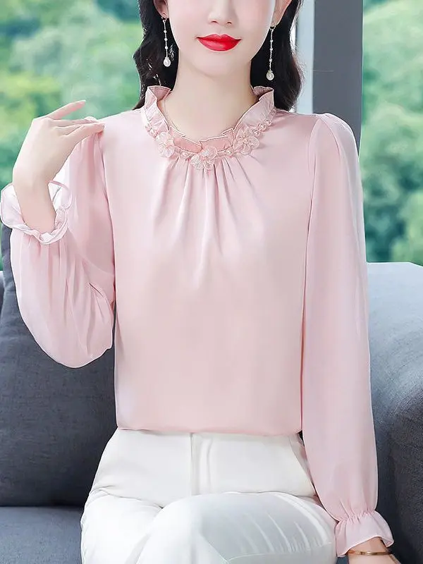 

Ele Pure Color Satin Long Sve Women's irt Faionable Versatile High End Spring Autumn New Arrival irt