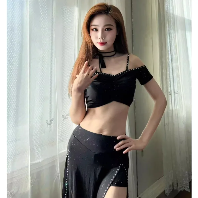 customized belly dance suit mesh performance outfit practice dress group Competition uniform women's double slit skirt top 2pcs
