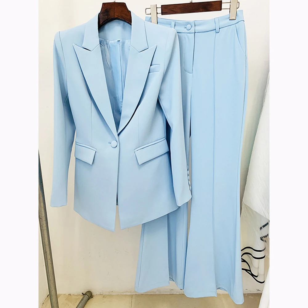 Sky Blue One Button Solid Blazer Flared Trousers Women Set Elegant Office Lady Coat Pants Suit