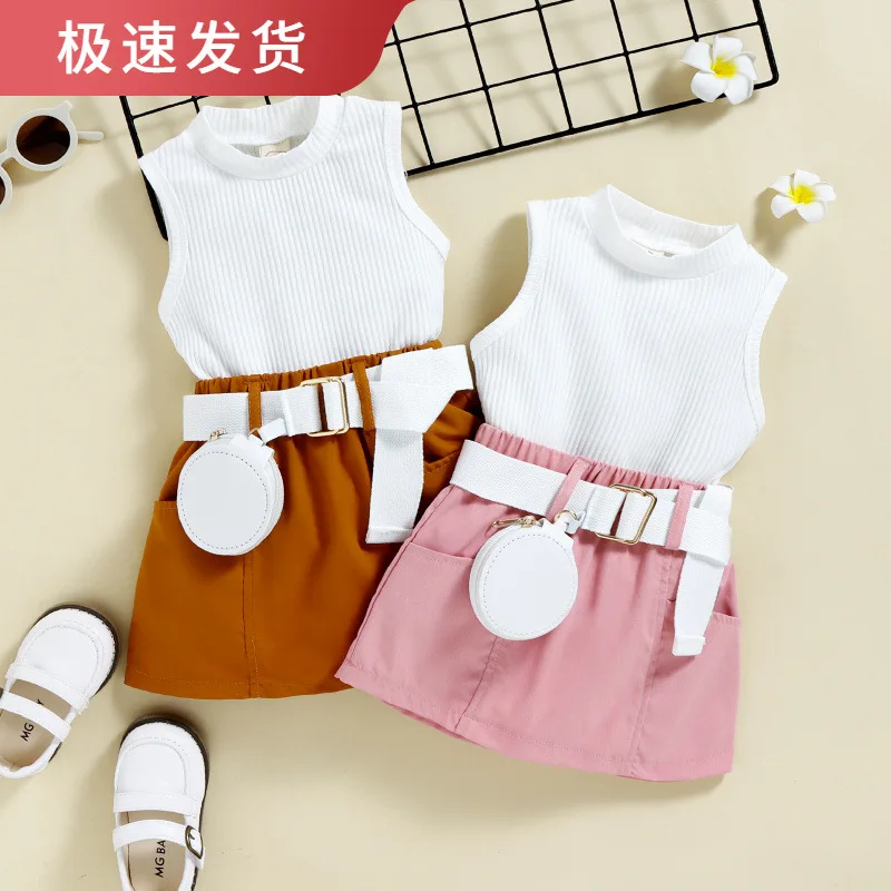 Girls' Summer Fashionable ClothingcoolCotton Vest TopTShort Skirt with Waist Bag Set In Stock Direct Shipping