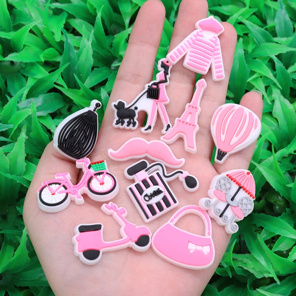 Sell Retail 1-11pcs PVC Shoe Charms Pink Bicycle Carousel Balloon PVC Accessories Shoes Buckles Fit Wristbands Kids Party Gift