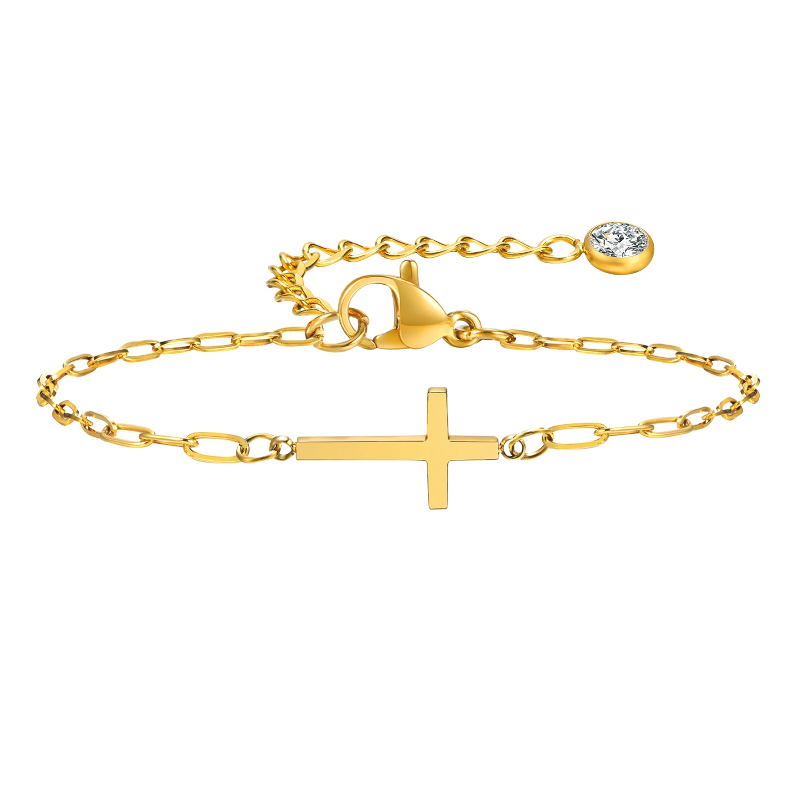 Cross Bracelet Paperclip Chain Link Adjustable Stainless Steel Christian Religion Jewelry