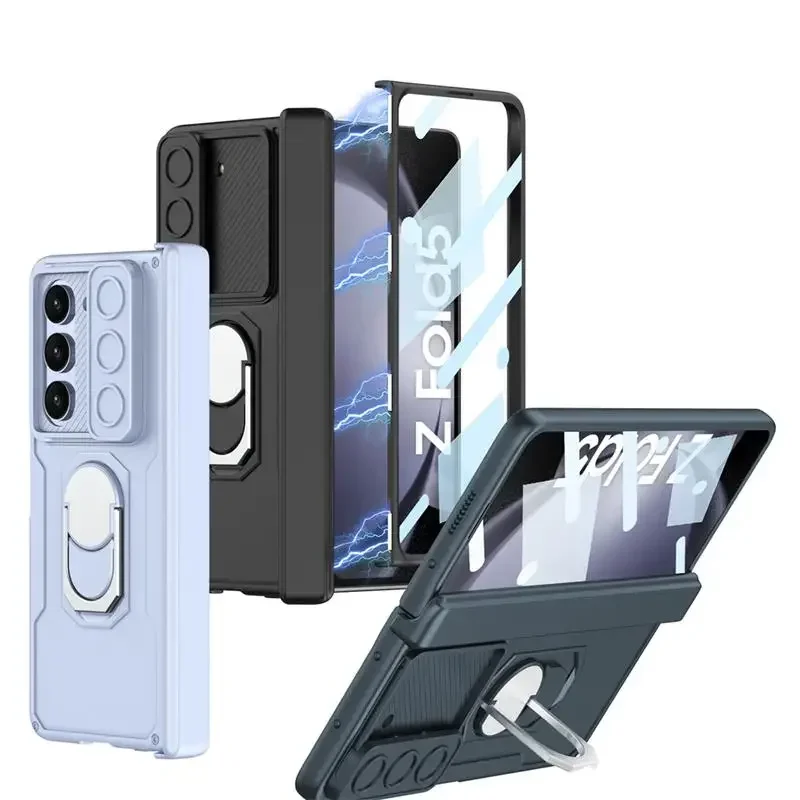 Spring Folding Hinge Protection For Samsung Galaxy ZFold5 Case Skin Friendly Matte Finger Bracket Tempered Film Shockproof Cover