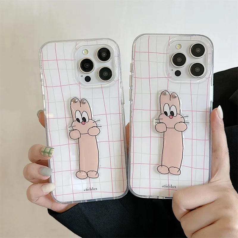 

Korea Irregular check pattern Phone Case For iPhone 15 Pro 12 14 13 Pro Max Cute 3D Rabbit Cover Shockproof 14pro Kawaii Fun