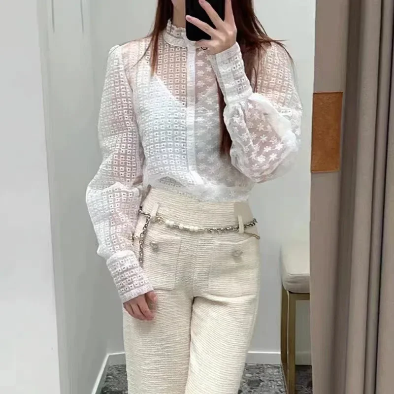 Women White Shirt Two Pieces Set Embroidered Long Sleeve Stand Collar Single Breasted Elegant Perspective Blouse