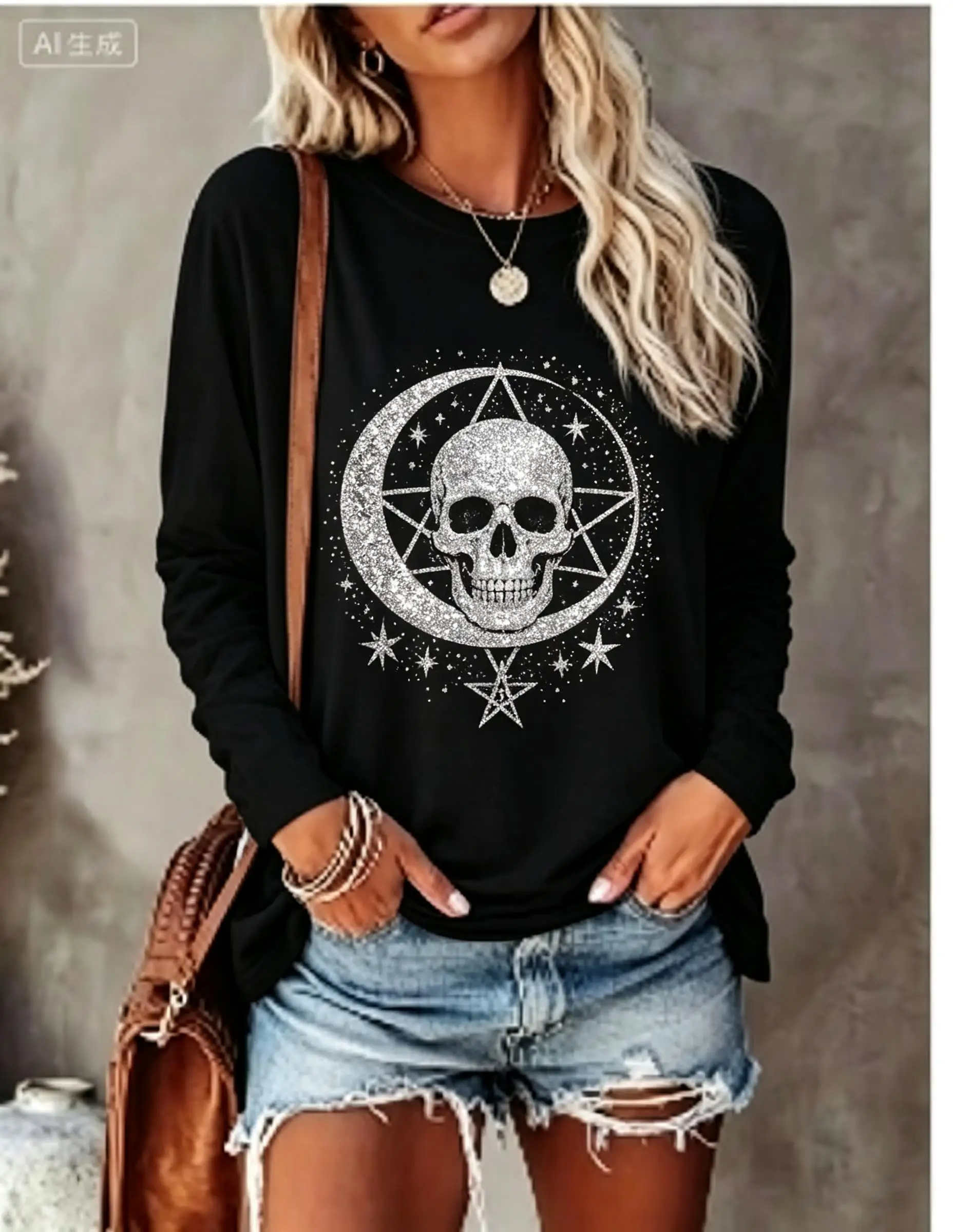 Women Long Sleeve T‑Shirt Simulated Rhinestone Skull Red Rose Gothic Print Crew Neck Fall Tops view 4