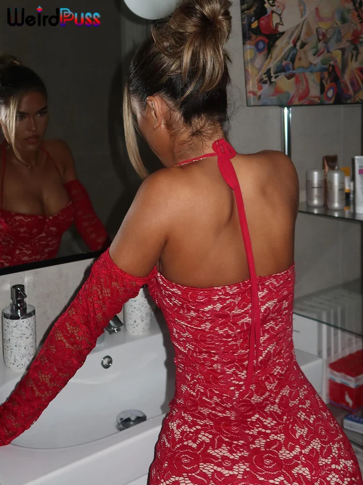 Weird Puss Sexy Party Mini Dress Slash Neck Full Sleeve Autumn Trend Skinny Stretch Jacquard Midnight Halter Clubwear Bodycon