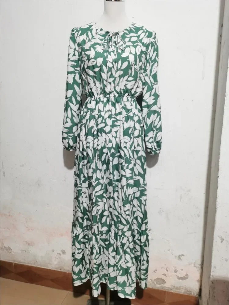 Autumn New Elegant Leaf Print Long Dresses for Women 2024 Fashion Lantern Sleeve Lace-up V-neck Office Sundress Holiday Dress