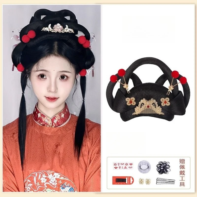 Hanfu Wig Ancient Style Complete Headwear Set Integrated Tang Style Hair Bun Updo Back of Head Volume Pad Women Cosplay