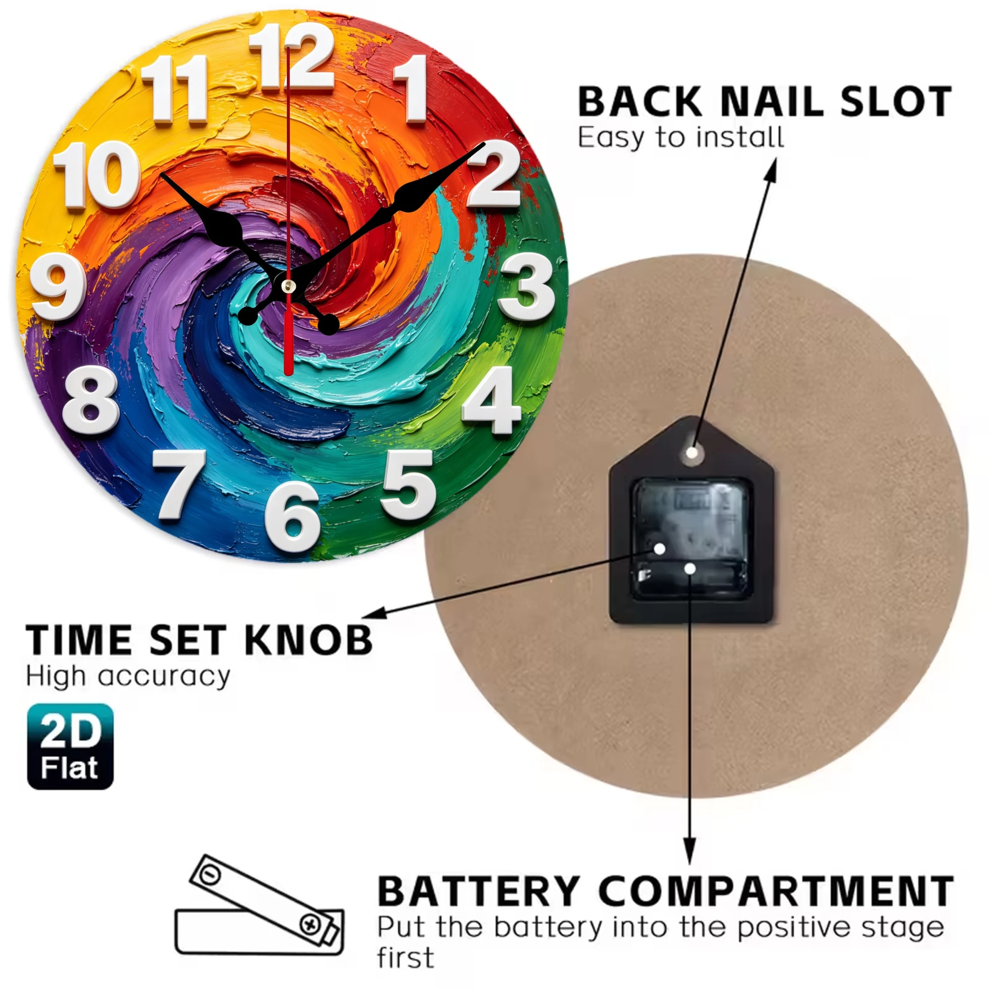 Rainbow Paint Swirl Wooden Wall Clock, Silent Non Ticking Quartz Movement, 10/12 Inch Round Wood Clock for Home Decor, Living Room Bedroom Wall Decoration
