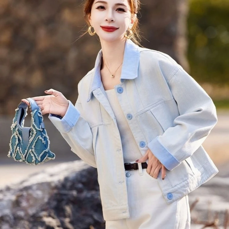 

High Quality Petite Women's 2025 Spring Autumn Preppy Style Color Block Denim Jacket Blue Short Soft Gentle Fashion Artistic