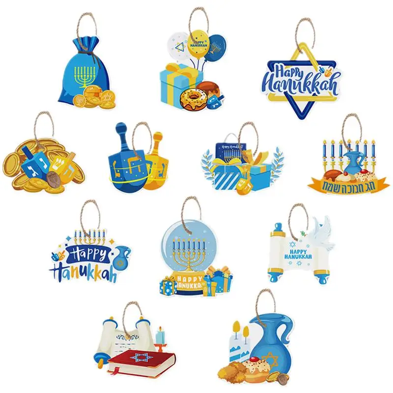 12pcs Hanukkah Hanging Ornament Paper Hanging Sign Hanging Cards For Hanukkah Jewish Hanukkah Supplies Chanukah Disposable