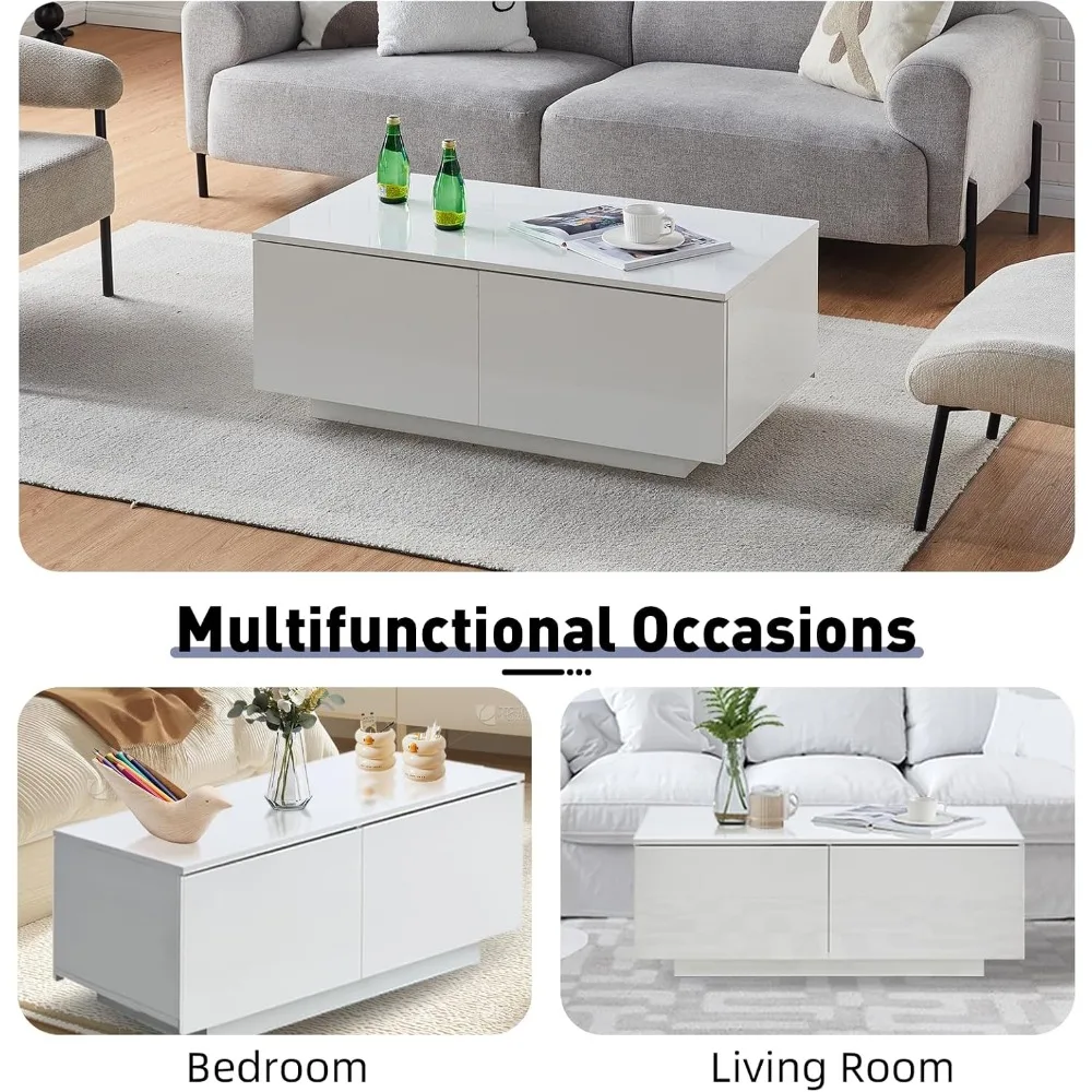 Coffee Table with 4 Drawers, LED Lights & Power Strip Modern Minimalist Rectangle Coffee Table for Home Living Room Office (Whi