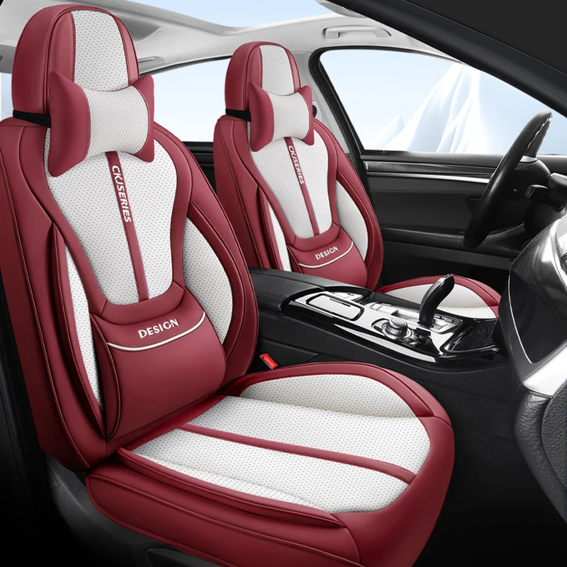 Premium PU Leather Auto Seat Covers Set with Built-in Lumbar Support +2 Headrest Covers +1 Steering Wheel Cover Comfortable