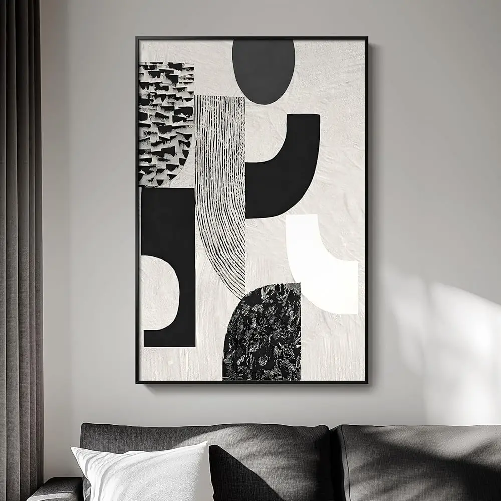 

Framed Bla And White Abstract Wall Art, Modern Minimalist Canvas Prints Paintings Artwork For Walls, Geometric Pictures For
