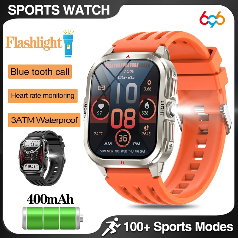 

Outdoor Smartwatches Men Flashlight Sports Fitness Wireless Call Smart Watch Waterproof Large HD Curved Screen One Click Answer