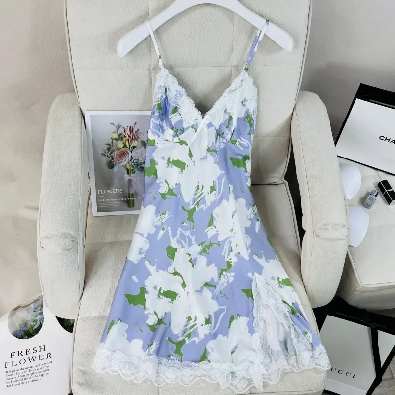 Suspender Nightgown Dress Women Chemise Sleepwear Nightdress Print Flower Nightwear Dressing Gown Satin Home Wear Loungewear