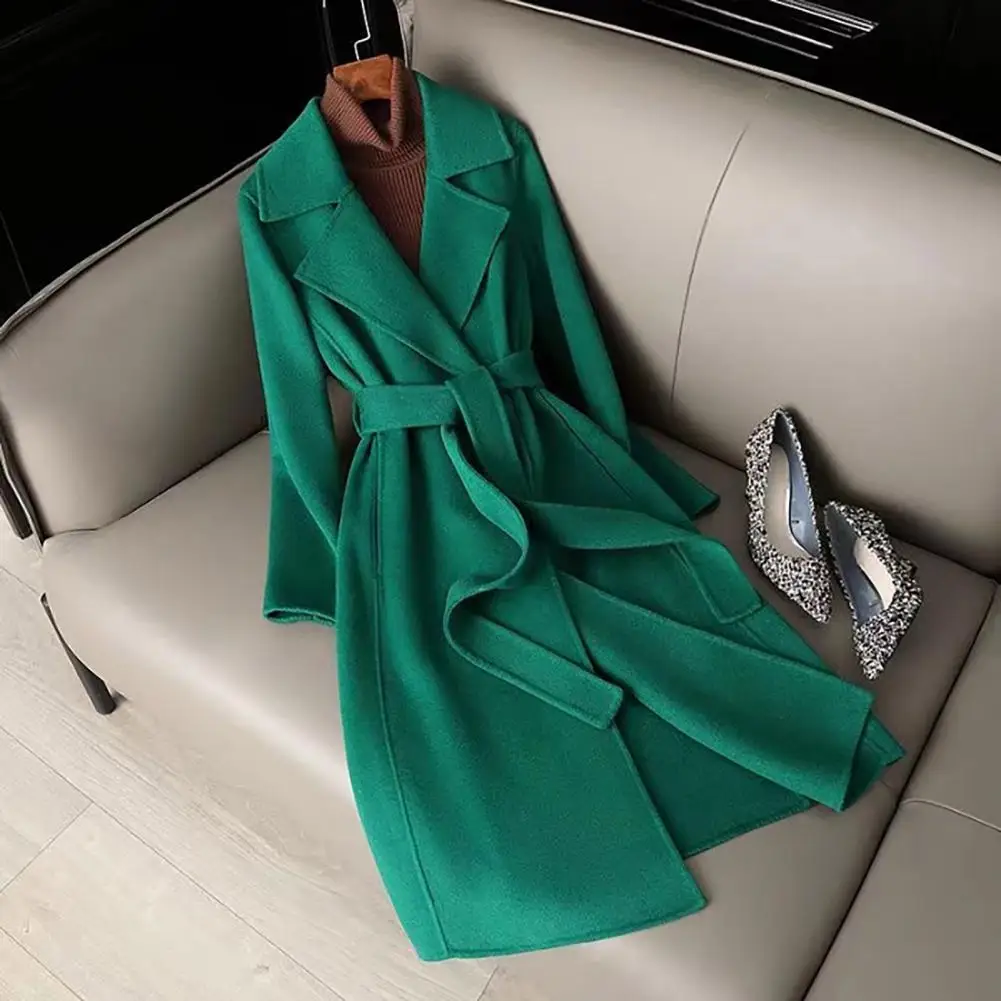 Warm Winter Jacket Long Wool Peacoat Notched Lapel Open Front Trench Coat Fall Winter Warm Overcoat With Belt Wool Coats