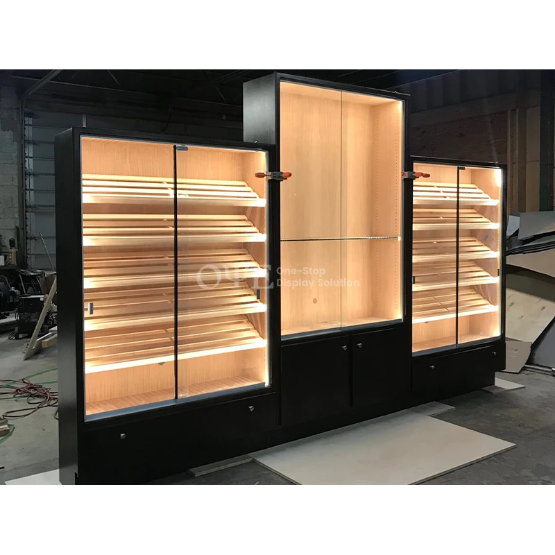 

custom.Wood glass display counter showcase with LED light display cigar display rack for smoke shop