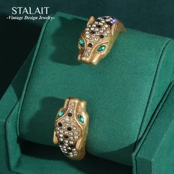 Vintage Green Eyed Leopard Head Opening Bangles Handmade Charm Bracelet Gold Color Antique Jewelry for Women Rhinestones New