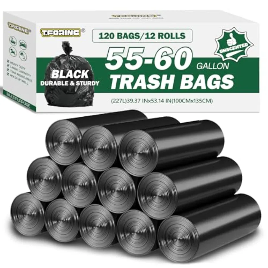 

55-60 Gallon Black Trash Bags 120 Count - 40''x53'' Extra Large 50+ Gallon Garbage Bags, Unscented Strong Huge Can Liners for C