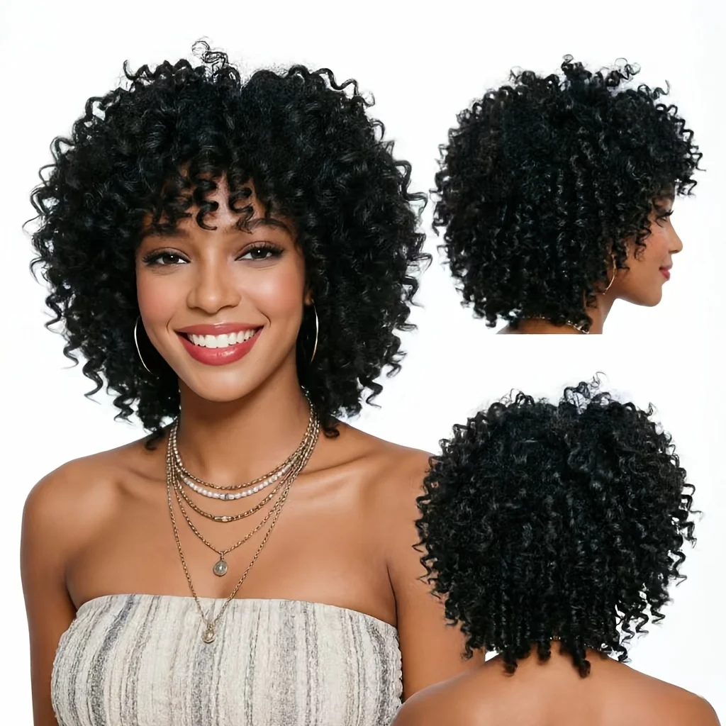 14-inch Pure Black Short Curly Wig, High-Fidelity Hair Strands, Face-Slimming, Suitable for Parties/Stage/Daily Cosplay