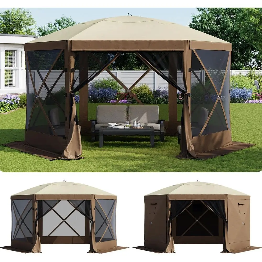 12x12ft 6-Sided Mesh Gazebo Tent with Carry Bag for Outdoor Shelter, Camping, and Patio Shade
