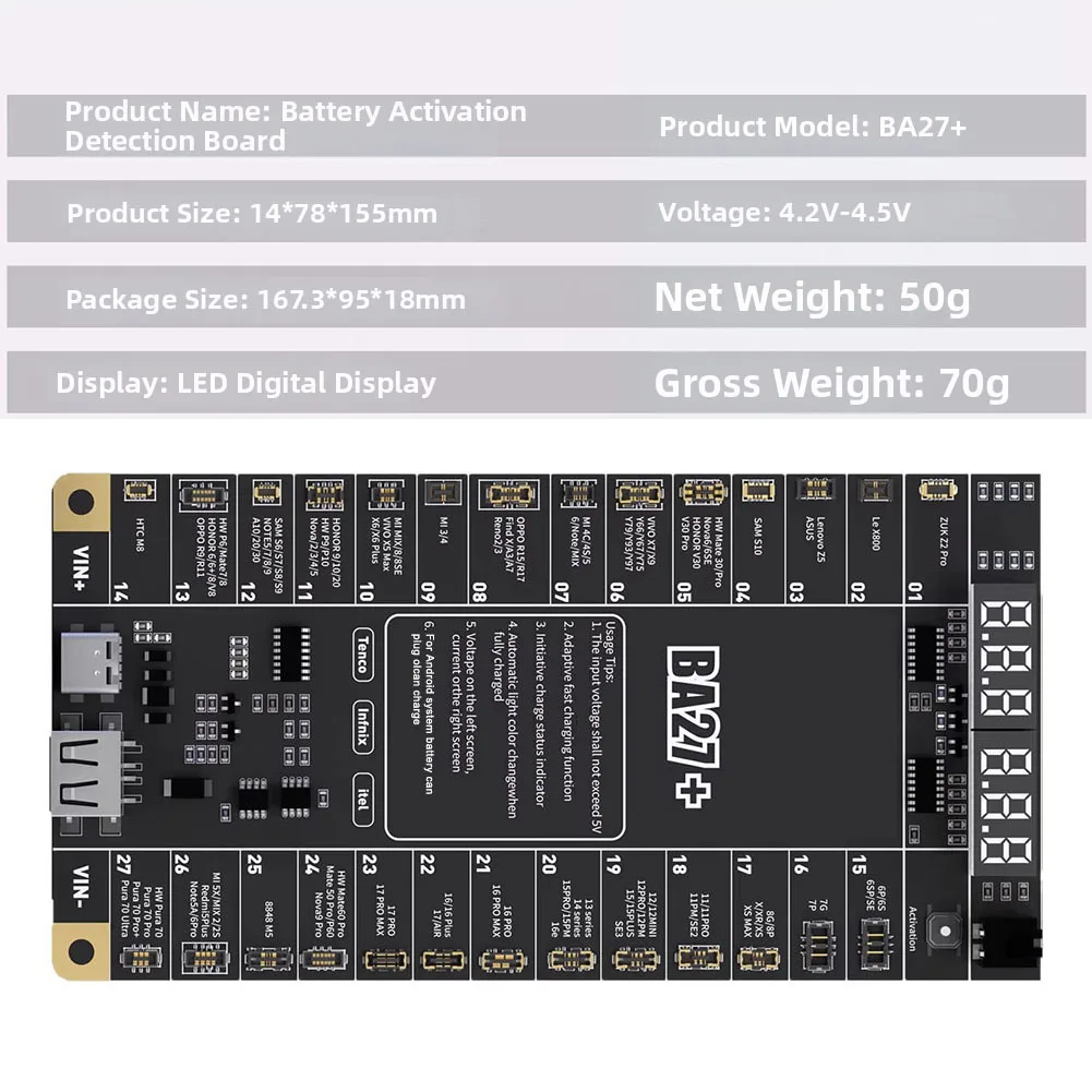 BA27+ Battery Activation Module for iPhone Devices Featuring Voltage Current Tracking and Multi Interface Connectivity