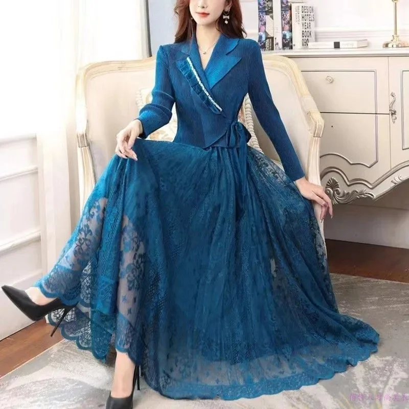 2024 Spring Autumn New Women Suit Collar Fake Two Piece A-line Skirt Slim Waist Long Sleeve Lace Three House Ruffled Dress Lady