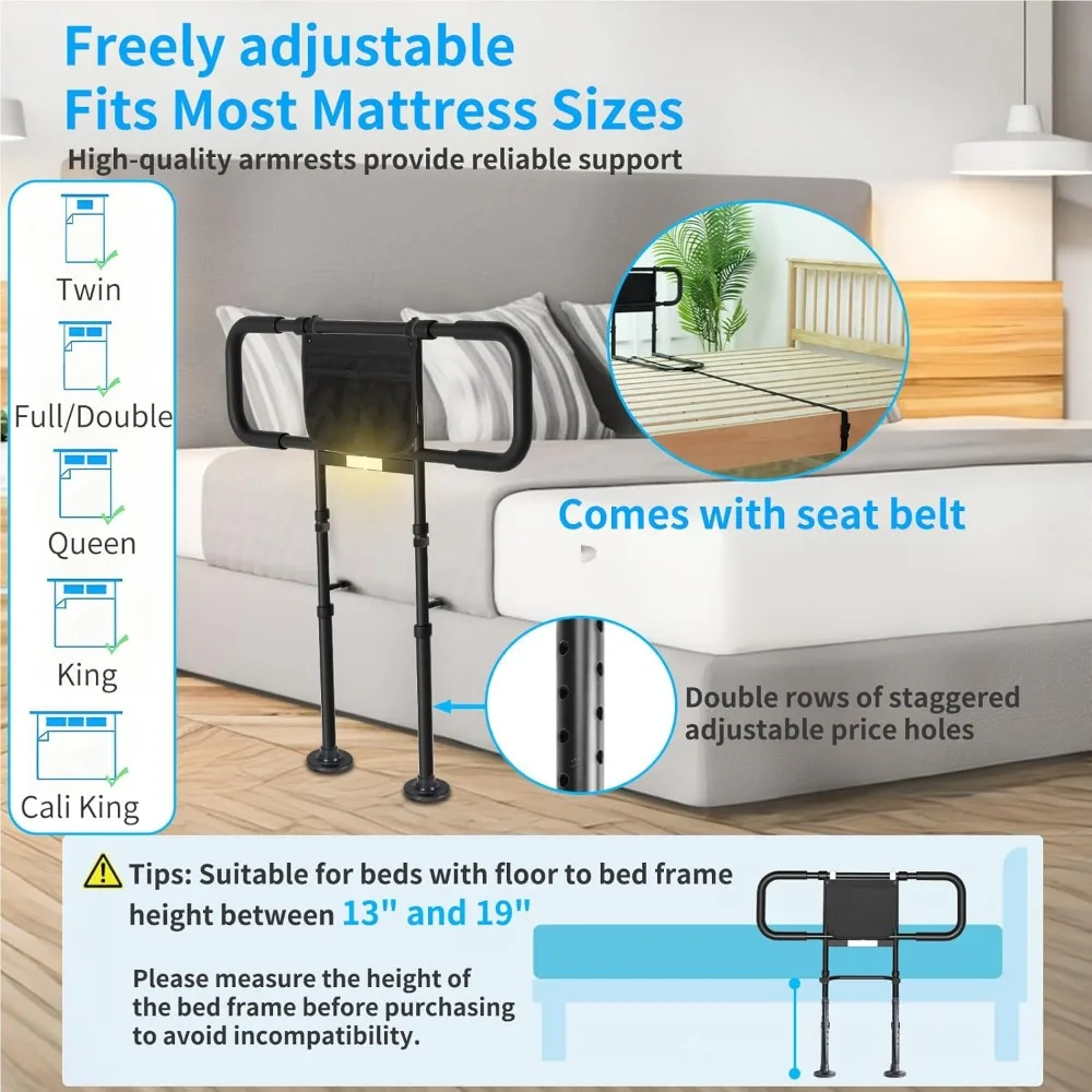 Adjustable Bed Safety Rails with Motion Sensor Light & Storage Bag - Supports 400lbs, Fits Queen King Twin Full Beds