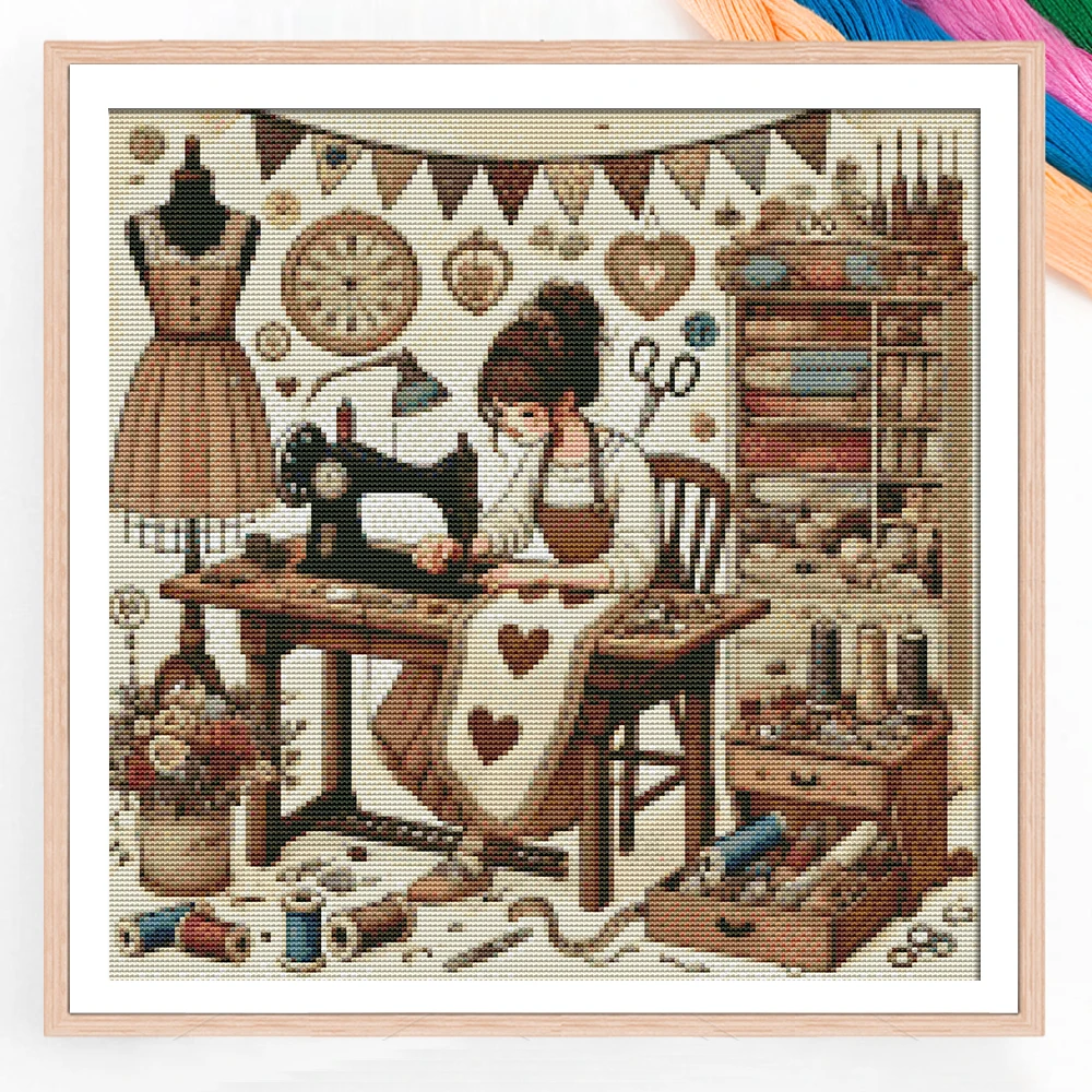 DIY Kreuzstich Dekoratives Frauen-Nähmaschinen-Set Komplettes Stickerei-Porträt-Muster Einzigartiges Weihnachtsgeschenk Heimdekoration