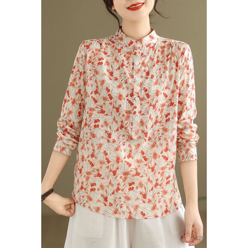 Women's New Stitched Stand Collar Button Printed Shirt Retro Long Sleeve Casual Versatile Bottoming Top