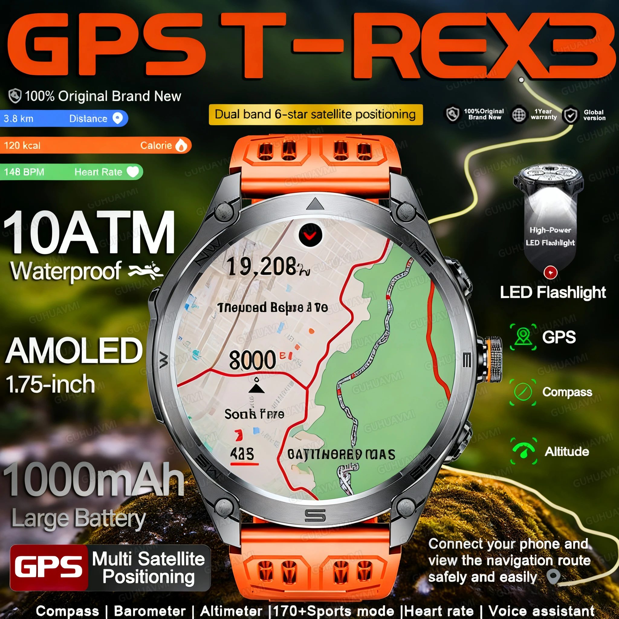 

2025New GPS Sports Smart Watch AMOLED Flashlight 1000Mah Battery IP68 Waterproof Fitness Trackr HD Call Smartwatch For Men Women