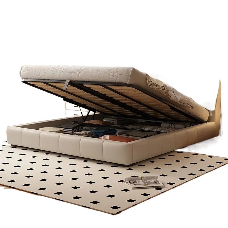 

Leather bed, master bedroom high end atmospheric cream wind small apartment double bed