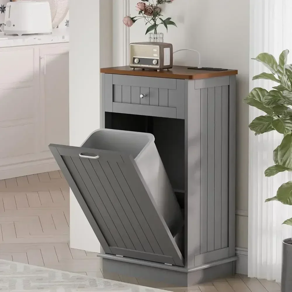Double Bin Trash Cabinet with Outlet, 10 Gallon Storage Cabinet, Pet-Proof Trash Can with AC & USB Ports, Grey Single Door Kitch