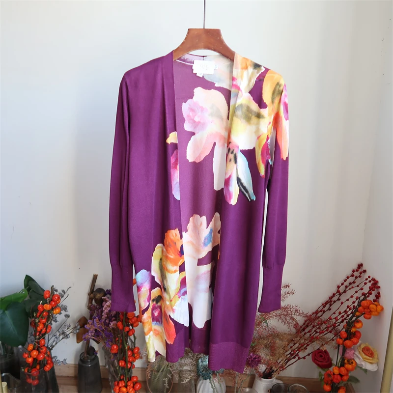 Cárdigan abierto con estampado floral de color morado puro, suéter fino de punto sin botones, Jaet, exterior de verano de fibra de poliéster de longitud media para mujer...
