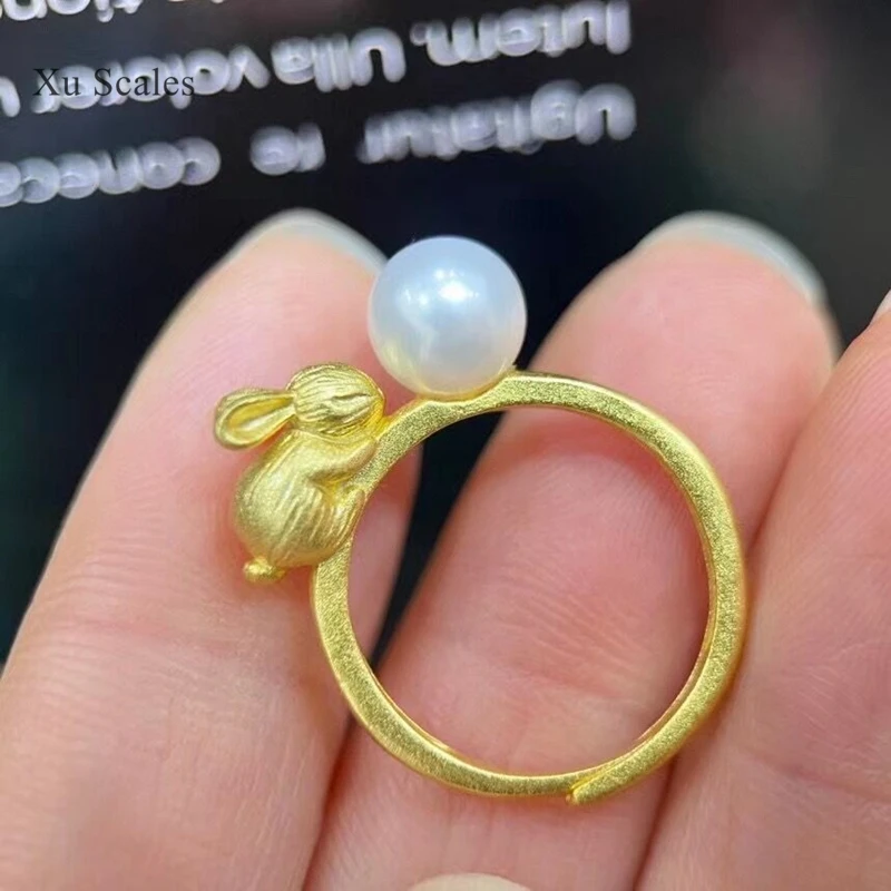 Golden Rabbit Runs To The Moon Natural Freshwater Strong Light AKOYA Pearl Ring S925 Sterling Silver Brushed and Frosted Process