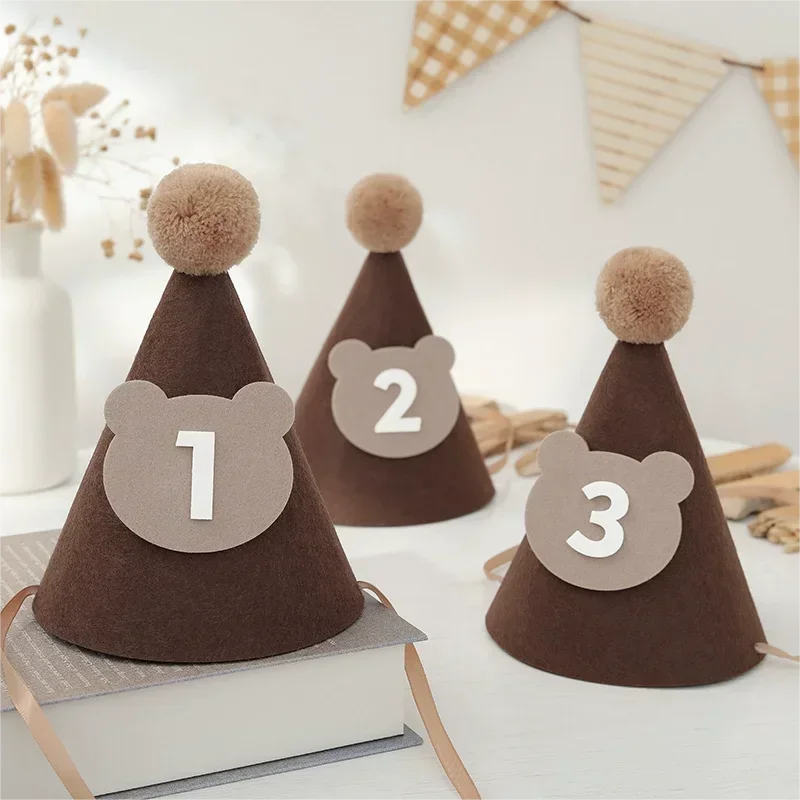 Brown Coffee Bear Birthday Hat 1st 2nd 3rd Year Old 100 Days Baby Boys Girls Caps Mini Headband Baby Shower Party Decorations