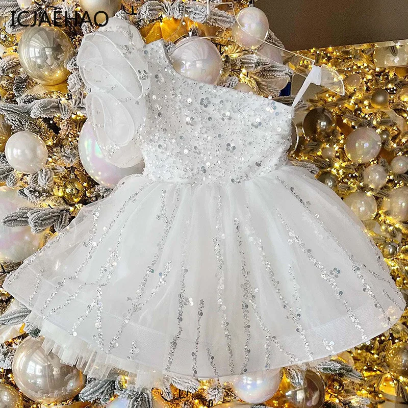 Abiti per bambini per matrimonio Compleanno Spettacolo Neonate Abito da festa formale Infantile senza maniche Paillettes Abiti da ballo in tulle 2024