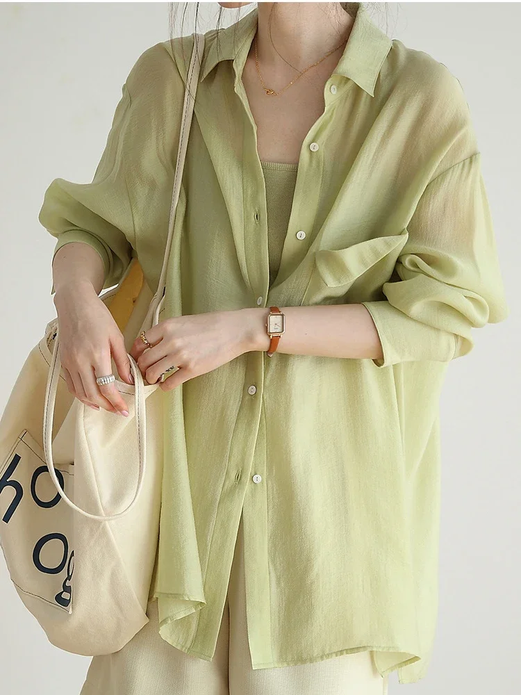 Summer Ice Silk Women\'s Oversize Shirt Long Sleeve Sunscreen Cute and Elegant Blouses for Ladies Thin Beautiful Blouses and Top