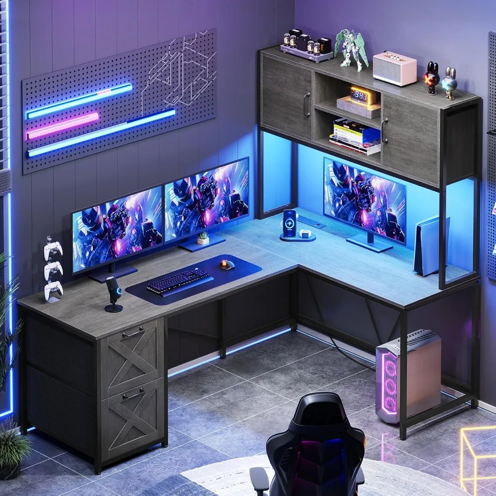 L Shaped Gaming Desk, Reversible Computer Desk with Fabric Drawers and Power Outlet, Gaming Desk with Led Lights, Hutch a