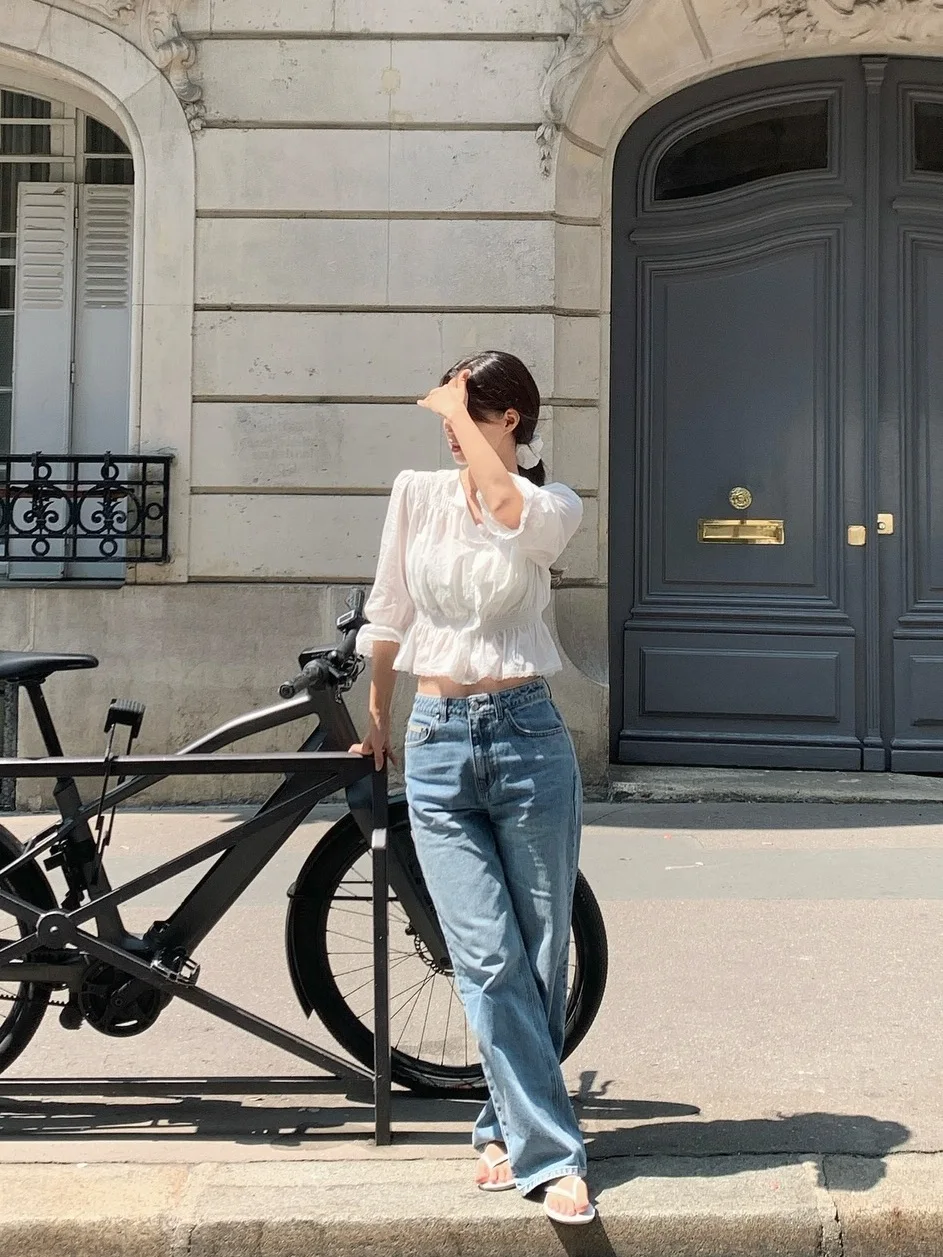 

Белая блузка с кружевной отделкой и поясом, V-образный вырез, короткий топ, Dongda Gate Tanat Girl, из смесового хлопка, в деловом повседневном стиле, стандартный крой