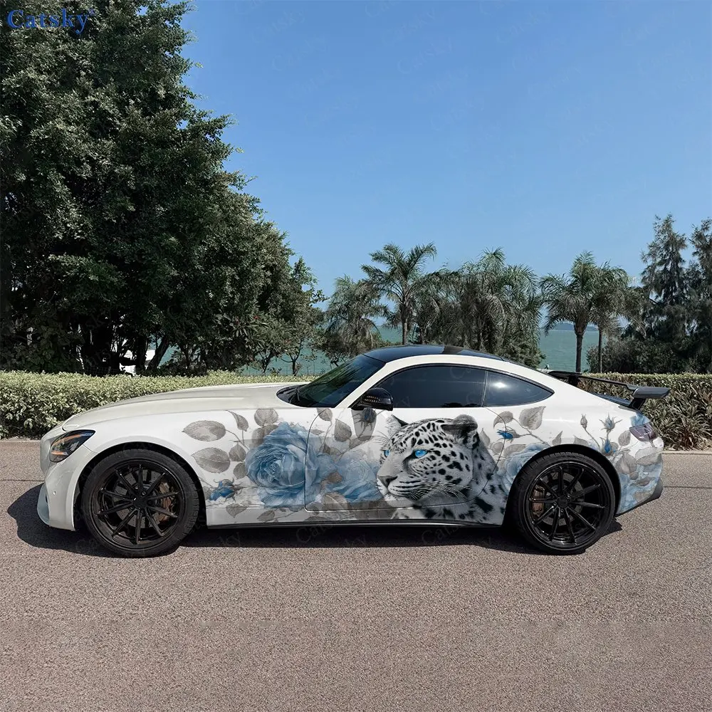 2pcs Blossom Framed Wild Leopard Car Side Wraps, Self-Adhesive PVC Waterproof & Scratch-Resistant Stickers, Car Accessory Gift