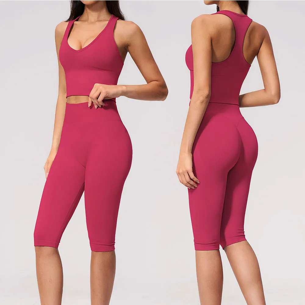 Yoga Suit 2PCS Women Sports Bra High Waist Capri Pants Shorts Athletic Wear Outfits Gym Set Fitness Workout Clothes Sportswear