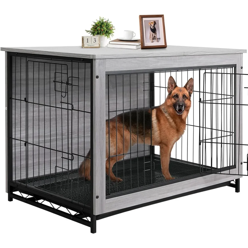 

Dog Crate Furniture, 44.1" Wooden Dog Kennel Indoor with 2 Doors, Heavy-Duty Dog Cage with Removable Tray, End Side Tabl